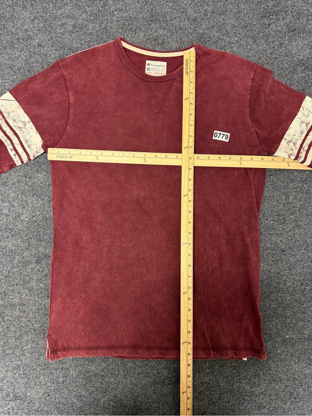 Champion Maroon Short Sleeve Tee with Cream Striped Sleeves - Picture 3 of 3